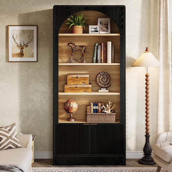 71" Tall Arched Bookcase, 5-Tier Black Bookshelf with Storage Cabinet, Modern Freestanding Wooden Bookshelves Open Display for Living Room, Home Office, Study