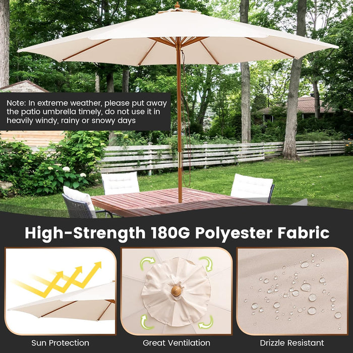 10FT Patio Umbrella, Outdoor Table Market Umbrella W/8 Wooden Ribs, 3 Adjustable Heights, Rope Pulley System, Detachable Pole, Wooden Patio Umbrella for Garden, Poolside, Backyard (Beige)