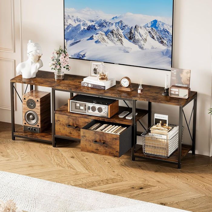 TV Stand for Tvs up to 75 Inch, Entertainment Center with Fabric Drawers, TV Media Console Table with Open Storage Shelves for Living Room, Bedroom, Rustic Brown