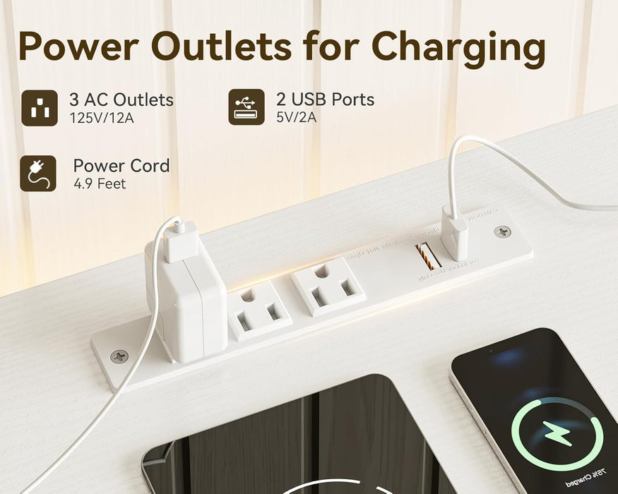 43" W White Dresser for Bedroom with Hanging Rack, Reversible 6 Drawers Dresser with Led Lights & Charging Station, Fabric Closet Dressers & Chest of Drawers with Clothes Rack for Girls, Kids