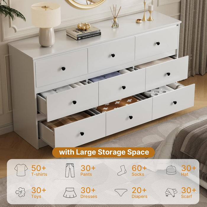 PureWhite Nine Drawer Dresser 59 Inches StorageBin