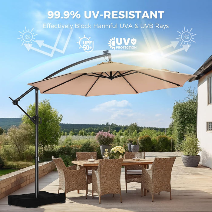 10Ft Solar Lights Offset Cantilever Patio Umbrella - W/Light and Base, LED Lighted Offset Hanging Patio Outdoor Market Umbrella UPF50+ UV Protection with Easy Tilt and Crank (Beige)