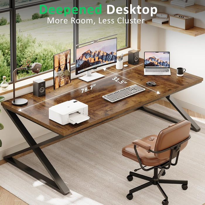 Large Desk for Home Office, 78.7" Extra Long Computer Desk Rustic Brown