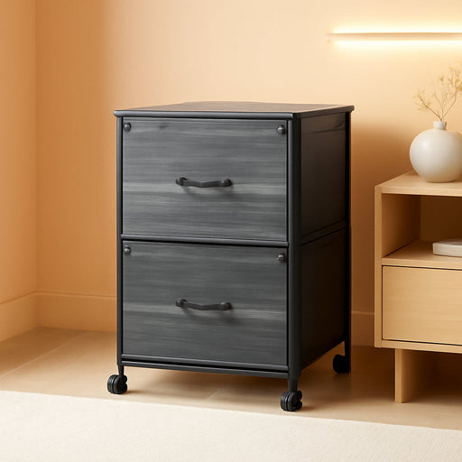 2 Drawer Mobile File Cabinet, Rolling Printer Stand, Fabric Vertical Filing Cabinet Fits A4 or Letter Size for Home Office, Charcoal Black Wood Grain Print