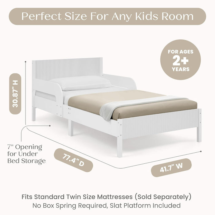 Cora Wood Twin Bed with Removable Guardrails - Wood Twin Bed with Slats Supports for Girls & Boys Teens, No Box Spring Needed, White Oxford Stripes