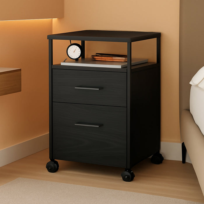2 Drawer File Cabinet, Mobile Printer Stand with Open Storage Shelf, Wood Filing Cabinet Fits A4 or Letter Size for Home Office, Black