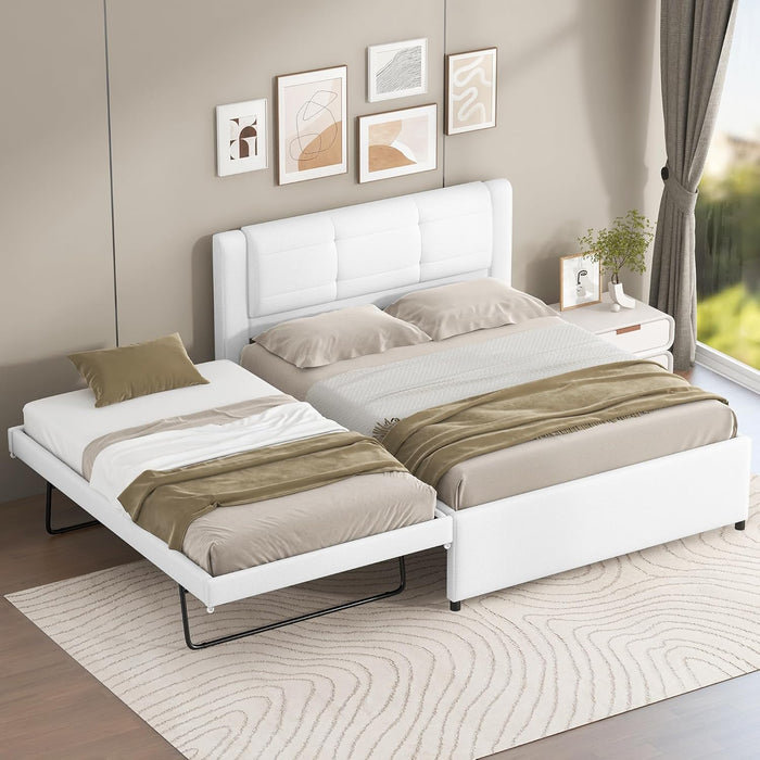 Full Size Upholstery Platform Bed with Trundle,Trundle Can Be Flat or Erected, Modern Bed Frame with Linen Headboard for Kids, Adults, No Box Spring Needed, Beige