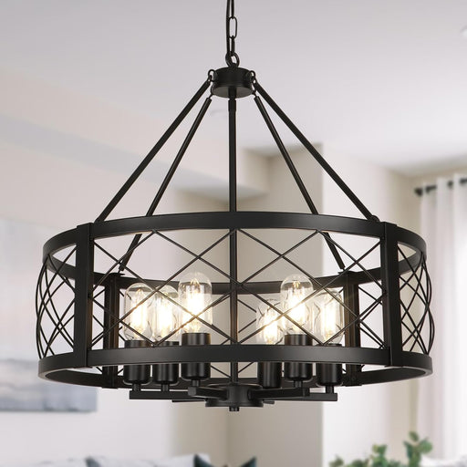 6-Light Black Rustic Drum Chandelier, 22.5” Modern Chandelier for Dining Room, round Metal Hanging Light Fixture for Foyer, Entryway, Bedroom, Kitchen Island
