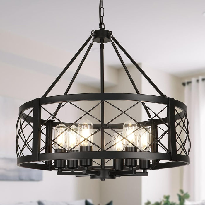 6-Light Black Rustic Drum Chandelier, 22.5” Modern Chandelier for Dining Room, round Metal Hanging Light Fixture for Foyer, Entryway, Bedroom, Kitchen Island