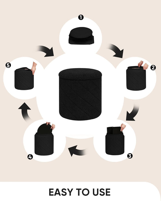 Ottoman with Stroage, Boucle round Storage Ottoman with Tray,Foot Rest Stool for Dorm Room, Living Room Black, 12.99"X12.99"X13.78"