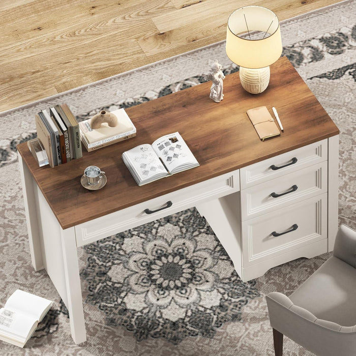 Farmhouse Executive Desk with Drawers, Home Office Desk with File Drawer, Wood Computer Desk with Ample Storage, Rustic Office Desk with Spacious Tabletop for Work, White