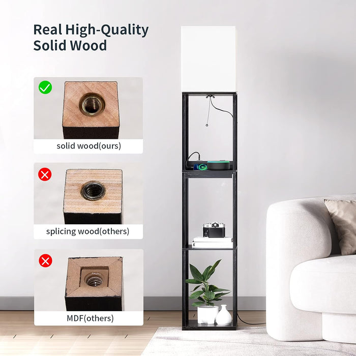 Floor Lamp with Shelves,Modern Dimmable Solid Wood Standing Lamp with 1 Drawer and 2 USB Ports & 2 Power Outlet,Corner Tall Bookshelf Lamp for Living Room and Bedroom(Black)