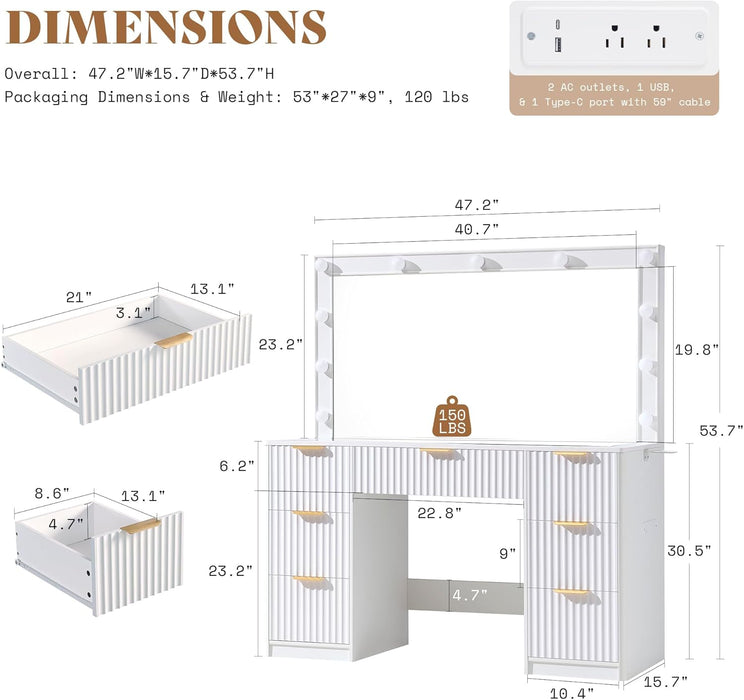 47.2" Fluted Vanity Desk with Large Mirror and Adjustable LED Lights, 7 Drawers Makeup Table with Glass Top and Charging Station for Women and Girls, Bedroom or Dorm, White
