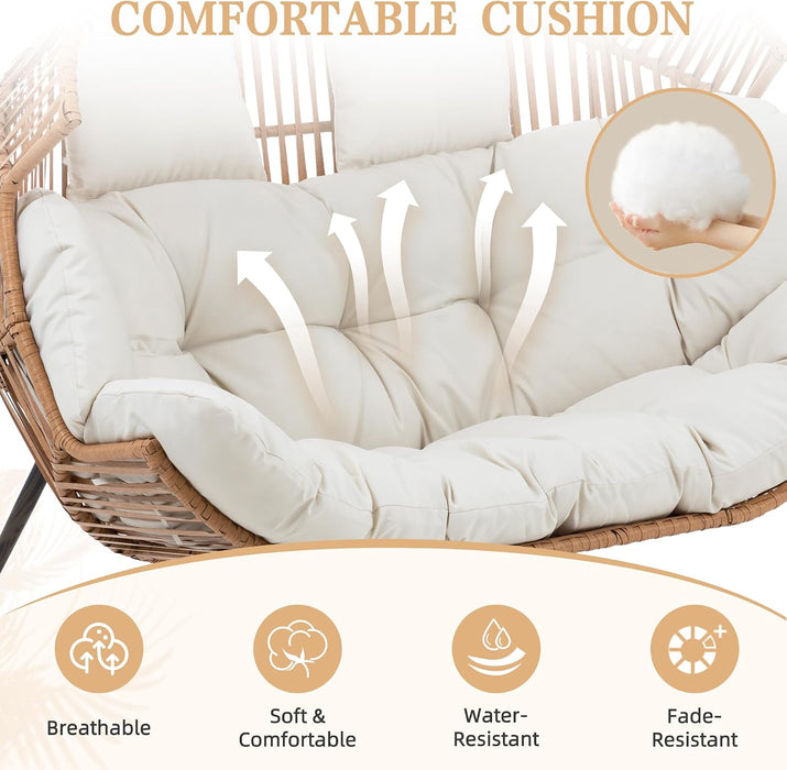 Wicker Double Egg Chair PE Rattan with Thicken Padded Cushion, 2 Person Oversized Patio Lounge Loveseat Chair for Outdoor, Indoor, Balcony, Backyard, Garden, Beige
