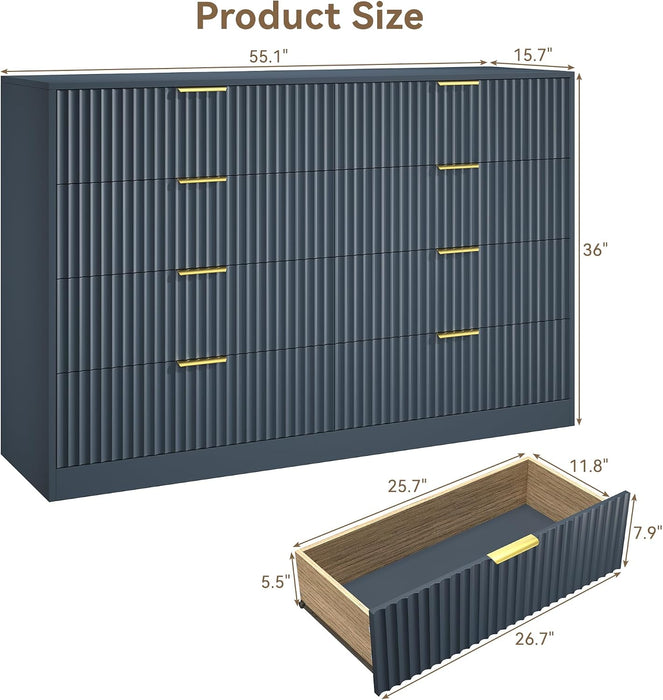 Navy Blue 8 Drawer Dresser for Bedroom, 55" Wide Fluted Chest of Drawers with Gold Metal Handles, Modern Wooden Dresser, Closet Storage Organizer Mid Century TV Stand for Living Room Hallway