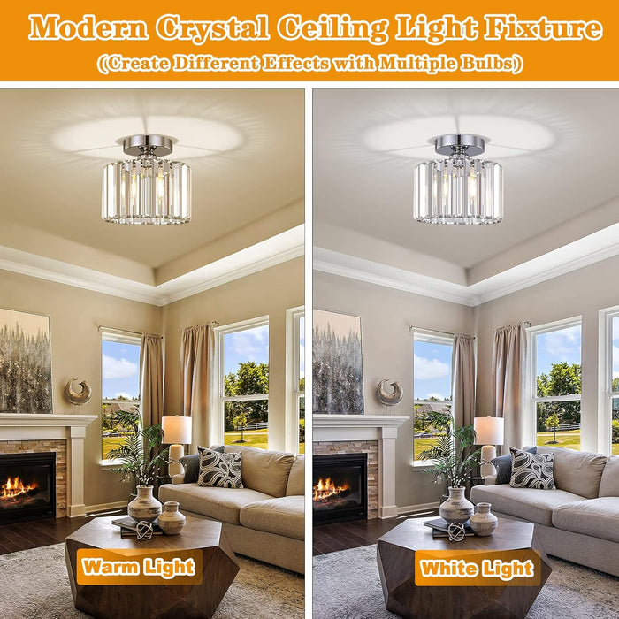 Semi Flush Mount Modern Chandelier, Crystal Ceiling Light Fixture, Small Close to Ceiling Light for Living Room, Bedroom, Hallway, Bathroom, Kitchen, Entryway (Silver)