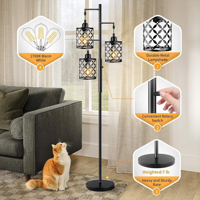 Dimmable Floor Lamp, Farmhouse Standing Lamp with Elegant Metal Cage, Industrial Tall Tree Floor Lamps for Living Room, Bedroom, Study Room, Office, 2000LM LED Bulbs Included - 68", Black