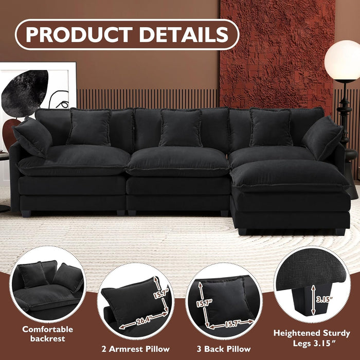 111.4-Inch L-Shaped Black High-Resilience-Deep-Seat Sectional Sofa