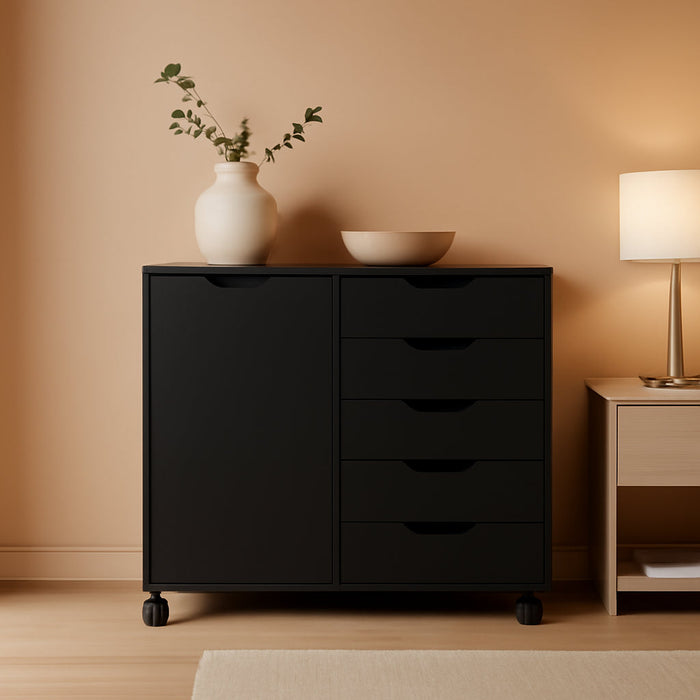 5-Drawer Chest with 1 Door, Wooden Chest of Drawers Storage Dresser Cabinet with Wheels, Office Organization and Storage, Bedroom Furniture (Black-S)