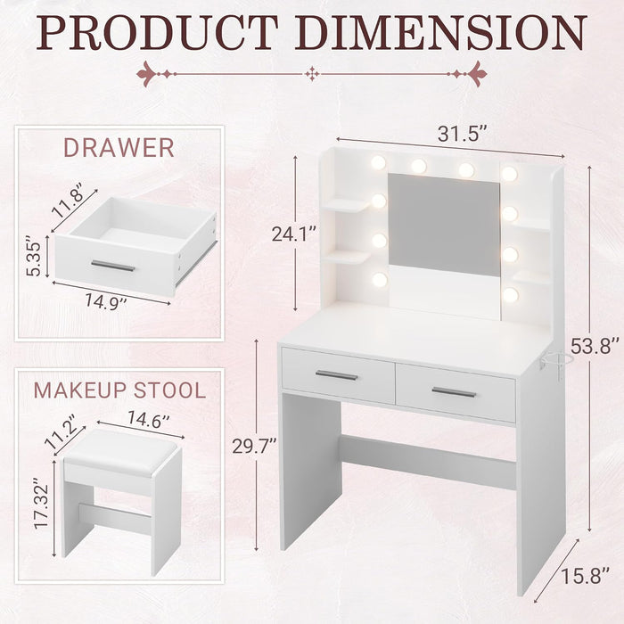 Makeup Vanity Desk with Mirror and Lights Power Outlet, Vanity Table Makeup Desk 2 Drawers, 6 Storage Shelves Hairdryer Holder & Bench Dressing Table for Bedroom (White, with Bench)
