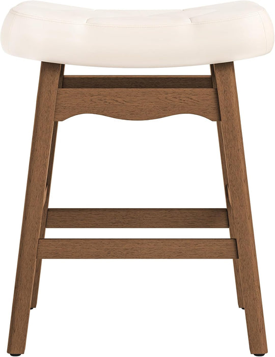 Bar Stools Set of 3, 24" Backless Saddle, Ivory Faux Leather