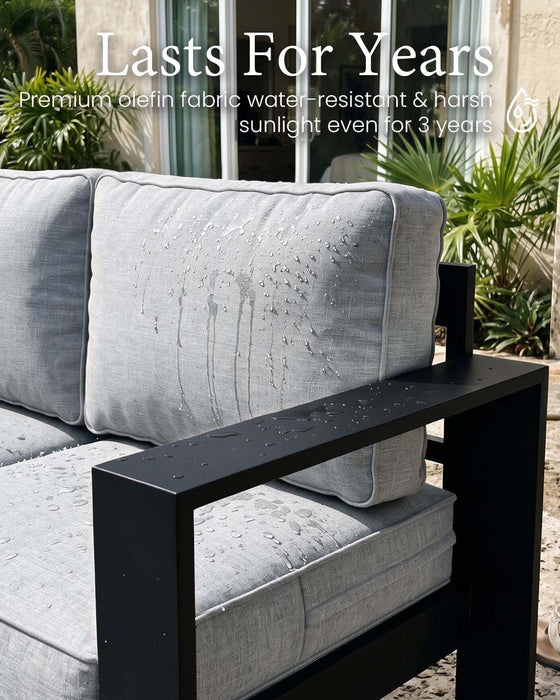 5 Pieces Aluminum Outdoor Patio Furniture Set, Metal Modern Conversation Sofa Set with Fire Pit Table and Washable Thick Cushions for Porch, Backyard, Deck