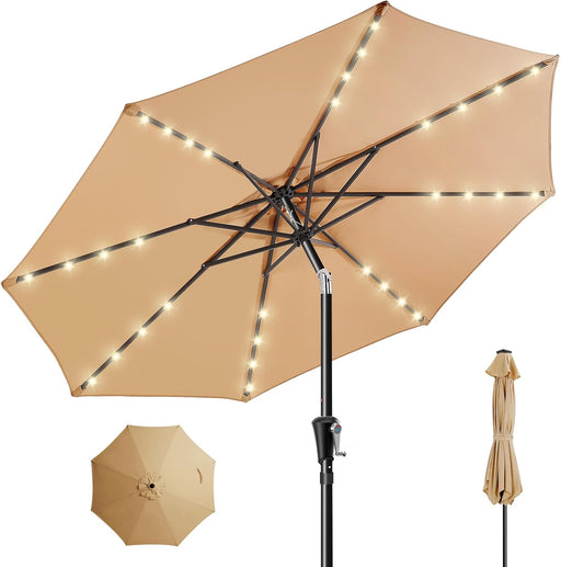 9Ft Solar Patio Umbrella - Solar Lights LED Lighted Outdoor Market Table Umbrella, UPF50+ UV Protection with Push Button Tilt, Crank for Pool Deck and Garden (Beige)