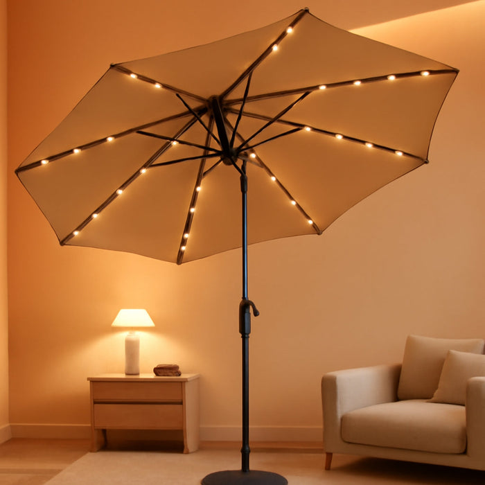 9Ft Solar Patio Umbrella - Solar Lights LED Lighted Outdoor Market Table Umbrella, UPF50+ UV Protection with Push Button Tilt, Crank for Pool Deck and Garden (Beige)