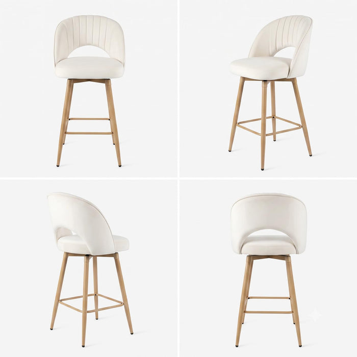 Swivel Bar Stools Set of 2, Counter Height Barstools for Kitchen Island, 26" Seat Height Bar Chairs for Dining Room, Velvet Upholstered Bar Stool with Back and Footrest, White