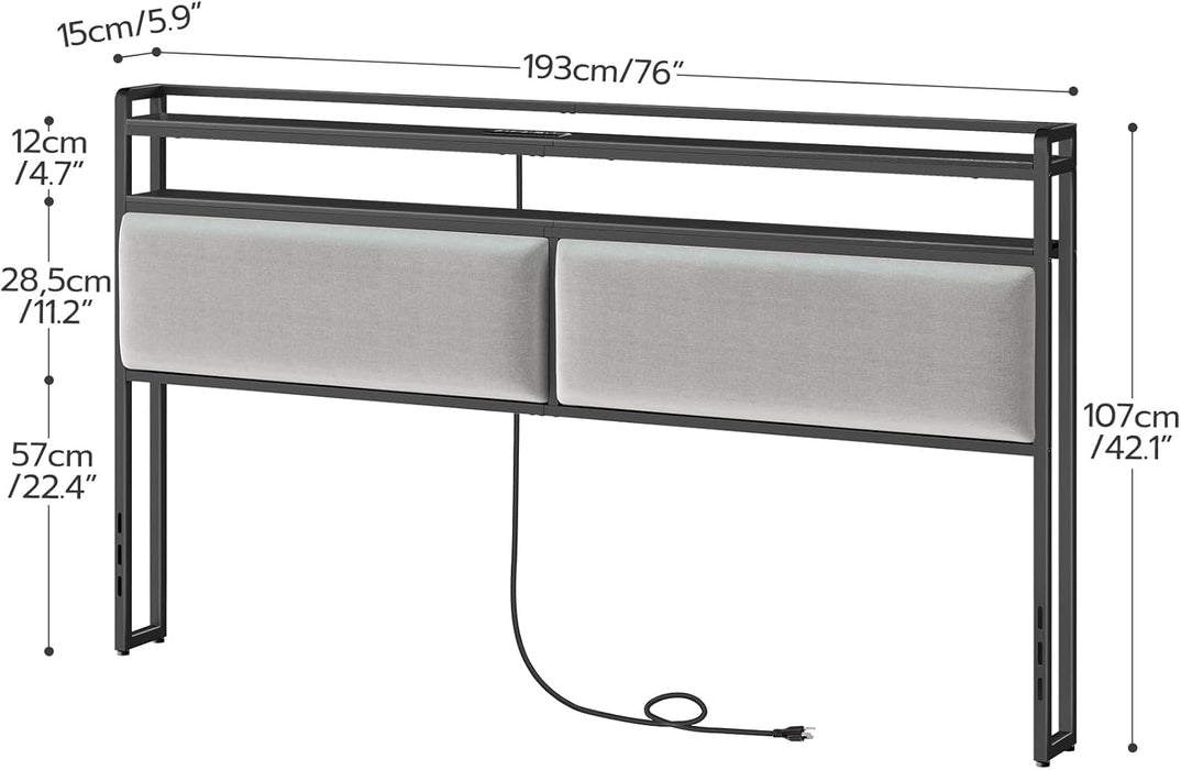 King Size Upholstered Headboard, Storage Headboard with Charging Station and Adjustable LED Lights, 2 Standard Outlets and 2 USB Ports, King Headboard Only, Easy Assembly, Black and Gray