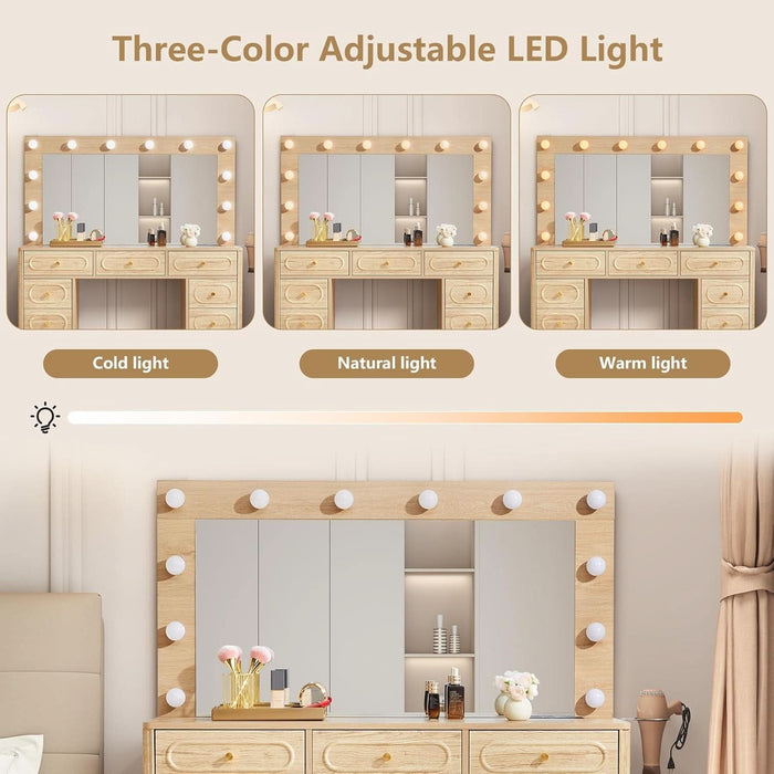 Fluted Vanity Desk with Mirror and Lights, Power Outlets, Modern Wood Vanity Desk Makeup Table with 11 Drawers, 3 Color Modes Dressing Table with Storage for Bedroom, Living Room, Natural