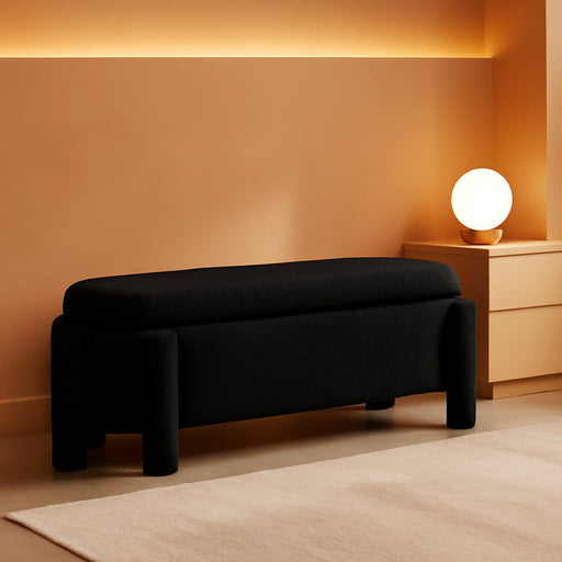 50" Ottoman Storage Bench, Modern End of Bed Bench with Upholstered Seating, Comfy Cute Oval Entryway Bench for Living Room/Bedroom/Entrance/Hallway, Sherpa Black