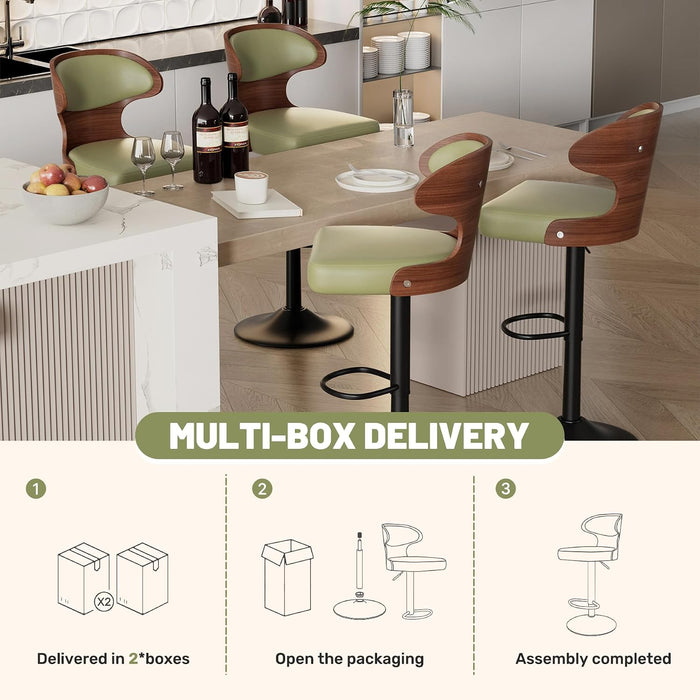 Swivel Bar Stools Set of 4,Adjustable Height Bentwood Barstools | Easy-Clean Faux Leather Upholstered Seat, Back & Footrest, Mid-Century Modern Bar Chair for Kitchen Island, Counter, Green
