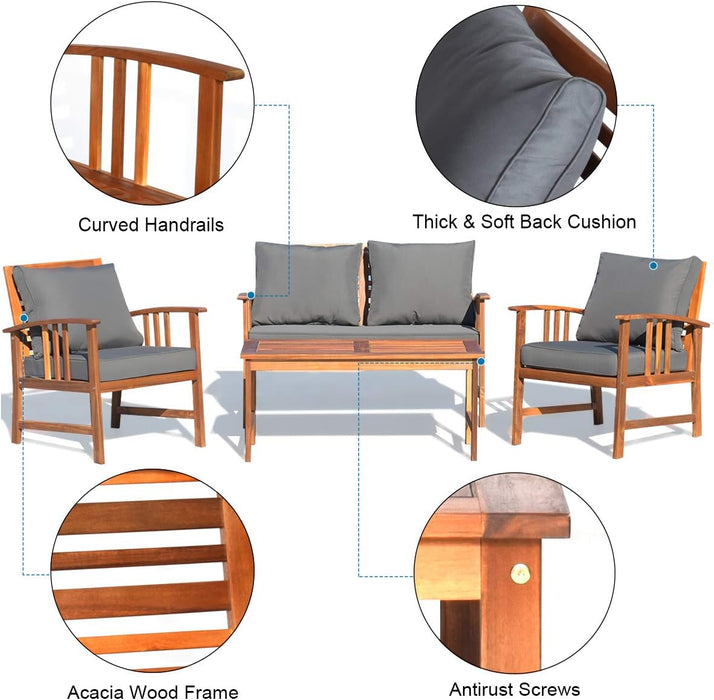 4 Pieces Acacia Wood Patio Furniture Set, Outdoor Seating Chat Set with Gray Cushions & Back Pillow, Conversation Set with Coffee Table, Ideal for Garden, Backyard, Poolside