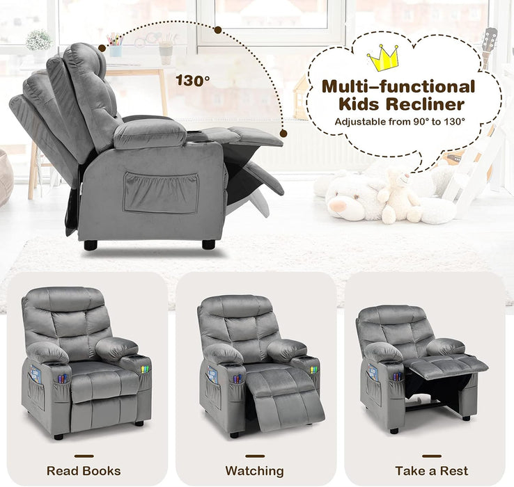 Kids Recliner Chair with Cup Holder, Adjustable Velvet Lounge Chair W/Footrest & Side Pockets for Children Boys Girls Room, Ergonomic Toddler Furniture Sofa Gifts, Kids Recliner (Gray)