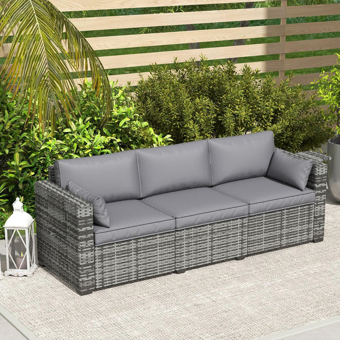 3 Seater Wicker Sofa with Side Tray Tables, Rattan Outdoor Patio Sofa with 6" Thick Back Cushions, Outdoor Wicker Couch with Deep Seating, Pillows for Porch, Garden, Backyard, Mixed Gray