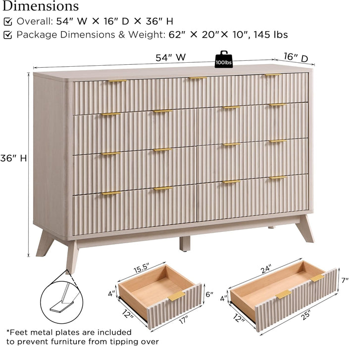 Fluted 9 Drawers Dresser, 54" Wide Modern Chest of Drawers, Curved Profile Design, Dresser TV Stand, Wood Drawer Organizer for Bedroom, Living Room, Hallway, White Alder