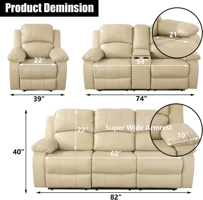 Beige Leather Reclining Sofa Set for Living Room Set,Recliner Sofa with Drop down Table/Double Recliner Loveseat with Storage Console/Recliner Chair/Faux Leather
