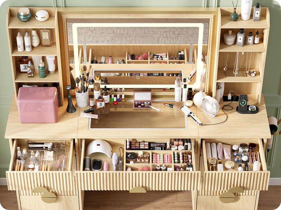 Fluted Vanity Desk, 60" Makeup Vanity with 32" Mirror and Lights, Modern Glass Top Vanity Table with 9 Drawers & 8 Open Shelves, Dressing Table Set W/Charging Station for Bedroom,Oak
