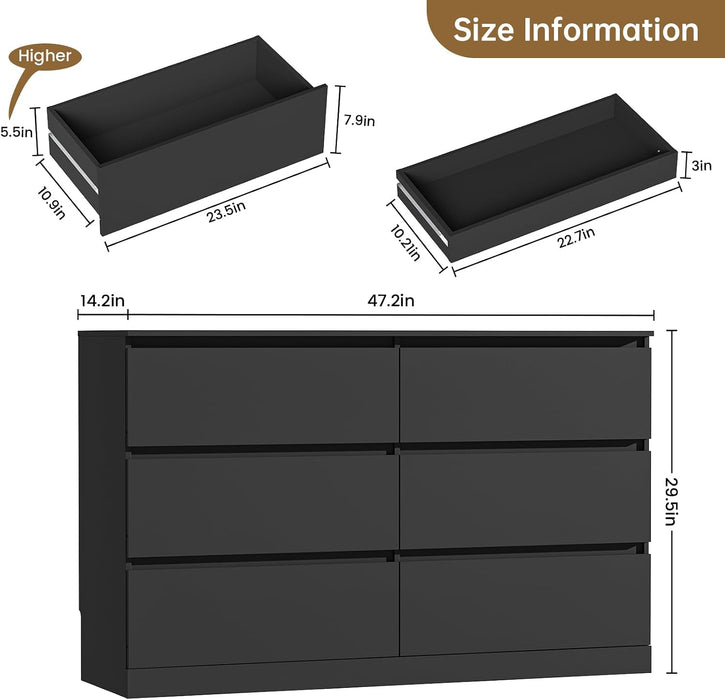 Dresser with 6 Drawers, Chest of Drawers with Hidden Drawer, Black