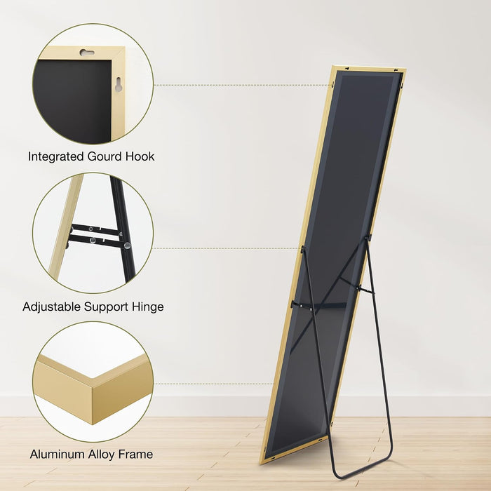 Gold Full Length Mirror 59"X16.5" Full Body Floor Mirror for Bedroom or Cloakroom, Can Stand Alone, Hang or Lean against Wall, Tall Wall Mirrors with Stand and Sleek Aluminum Alloy Thin Frame