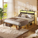 Full Size Bed Frame with LED Lights & Charging, Black Platform Bed