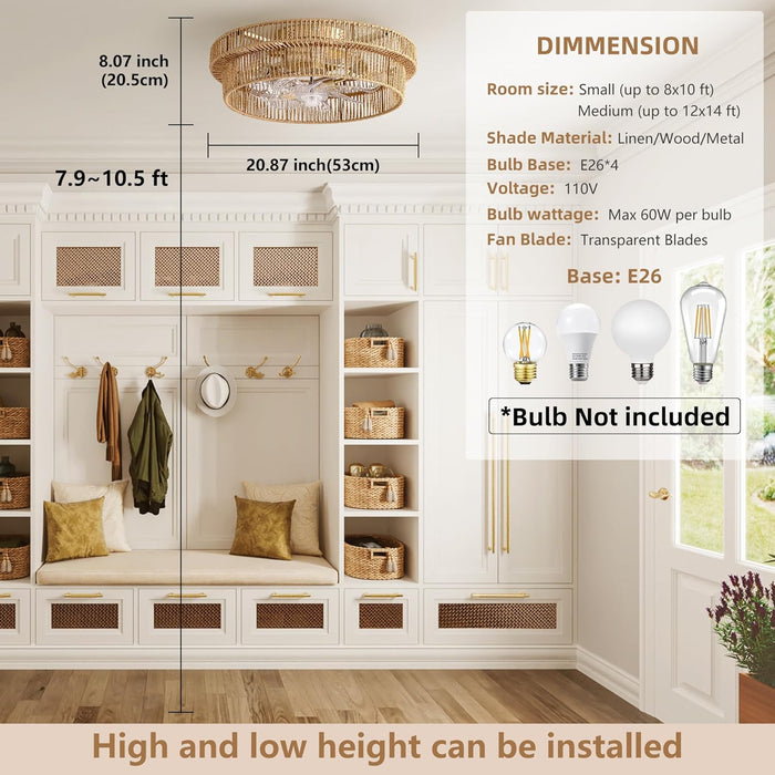 Rattan Boho Ceiling Fan with Light Flush Mount, 20 Inch Caged Ceiling Fans with Light and Remote Control, Low Profile Enclosed 6 Speeds for Bedroom, Nursery, Living Room, E26 Base (Brown)