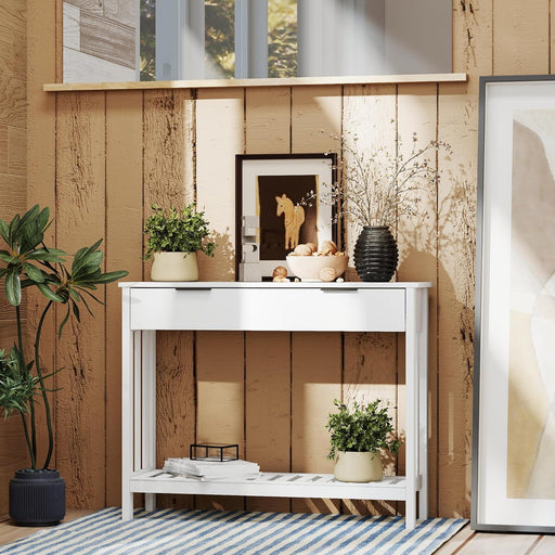 White Narrow Console Table with Drawer Storage Shelf, Modern Wooden Entryway Sofa Table, 39 Inch Slim behind Couch Table, Side Display Console Table for Living Room,Office,White