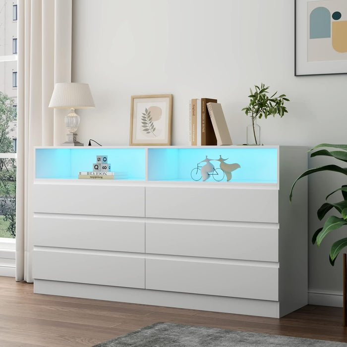 6 Drawer Double Dresser with Power Outlet, Accent Chests of Drawers with LED Light, Modern White Storage Dresser with Charging Station (Mirror Not Included)