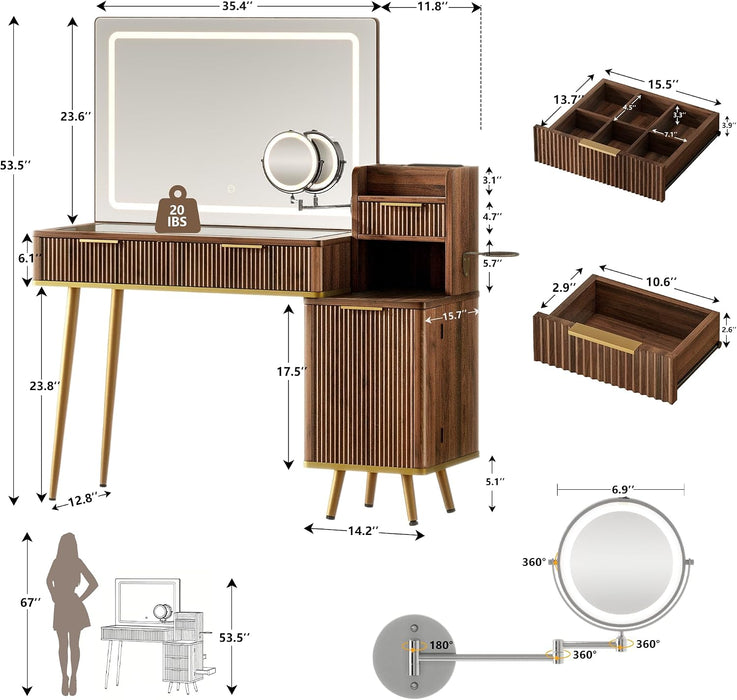 47" Vanity Desk with 5X Magnifying Mirror & 3-Color LED Light, Fluted Glass Top Makeup Table, USB Charging & Hair Dryer Holder, Dressing Table with Adjustable Shelves for Bedroom, Dark Walnut