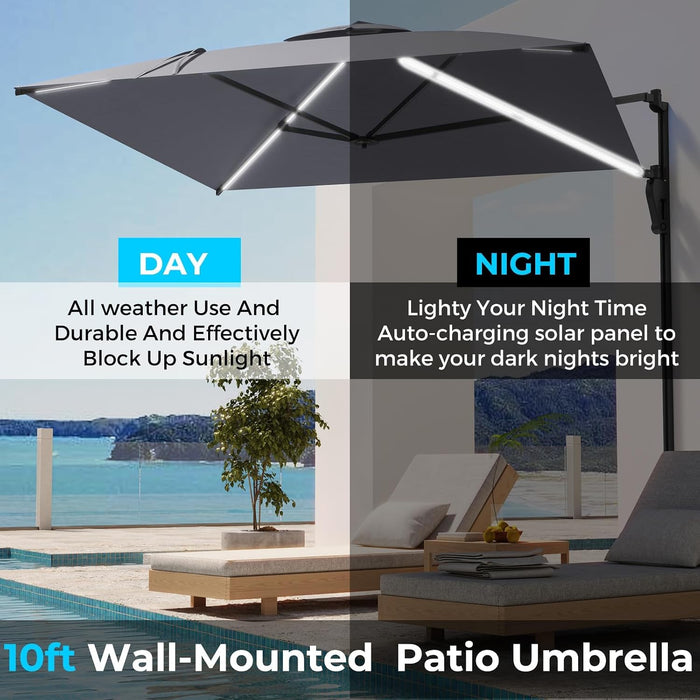 10Ft Solar LED Wall Mounted Outdoor Patio Umbrella, Rectangular Large Offset Cantilever Umbrellas with 180° Rotation Sun Awning for Deck Pool Garden Backyard, save Space, Grey