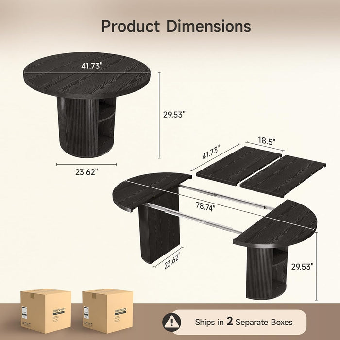 41-78 Inch Extendable Dining Table for 4-8, Fluted Expandable Kitchen Table with Storage, 2 Leaf, Mid Century Modern Oval Dinner Tables for Dining Room, Kitchen, Living Room, Black