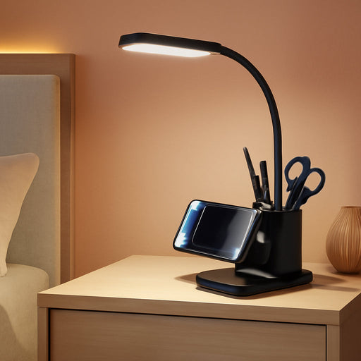 Desk Lamp, LED Desk Lamps for Home Office, Wireless Charger Small Desk Lamp with Pen Holder, 3 Color Modes, Dimmable, CRI 85, 800 LM, Study Lamp for College Dorm Room, Adapter Included, Black