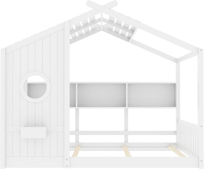 White Full Size Floor Bed Playhouse StorageShelves